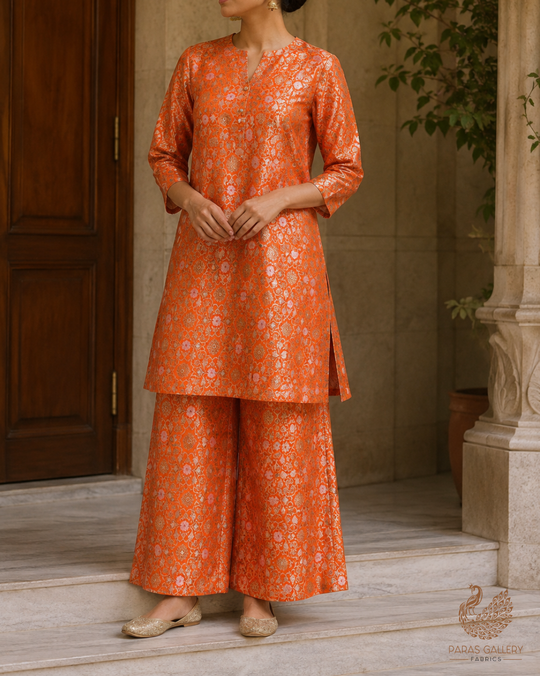 Orange Banarasi Brocade Fabric With All Over Golden Zari Handloom 23289