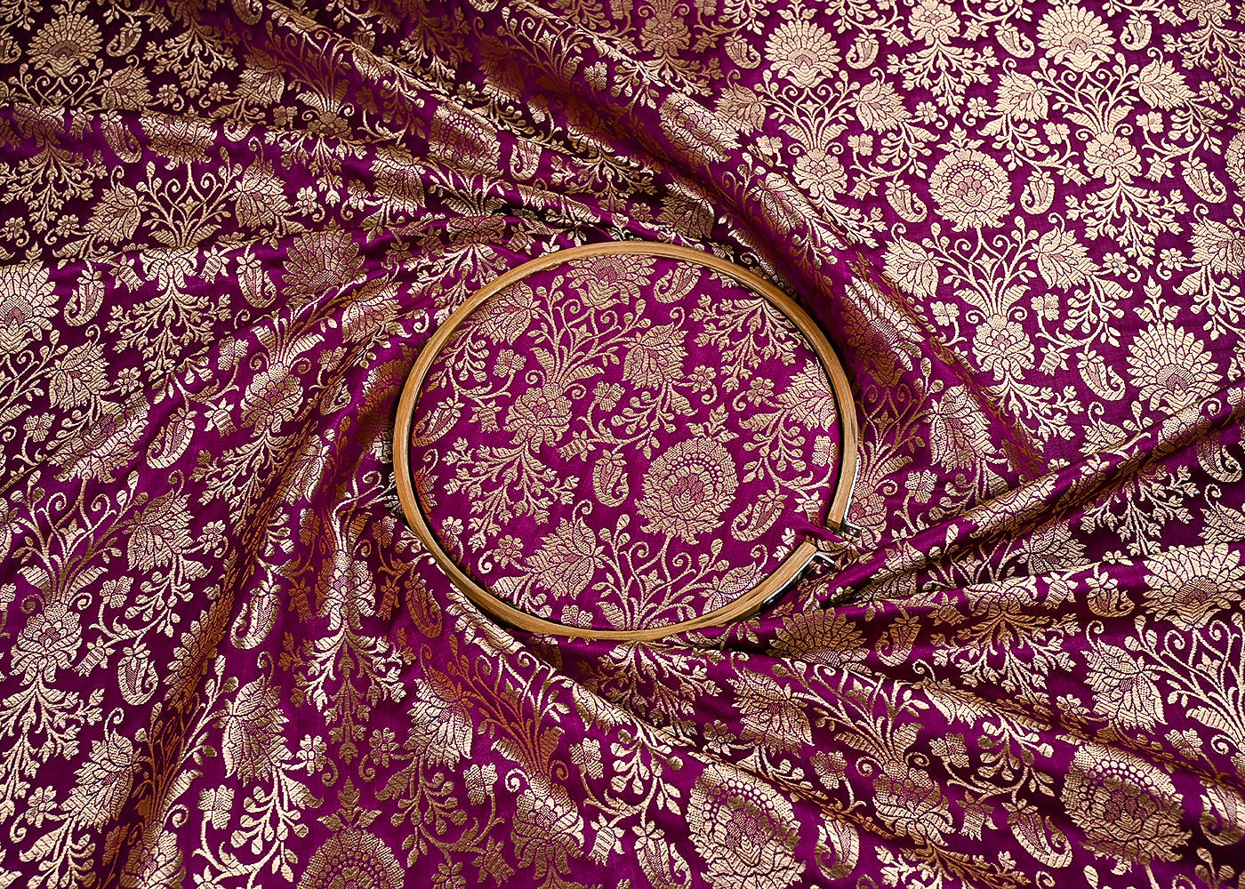 Purple Banarasi Brocade Fabric With All Over Golden Zari Handloom 23291
