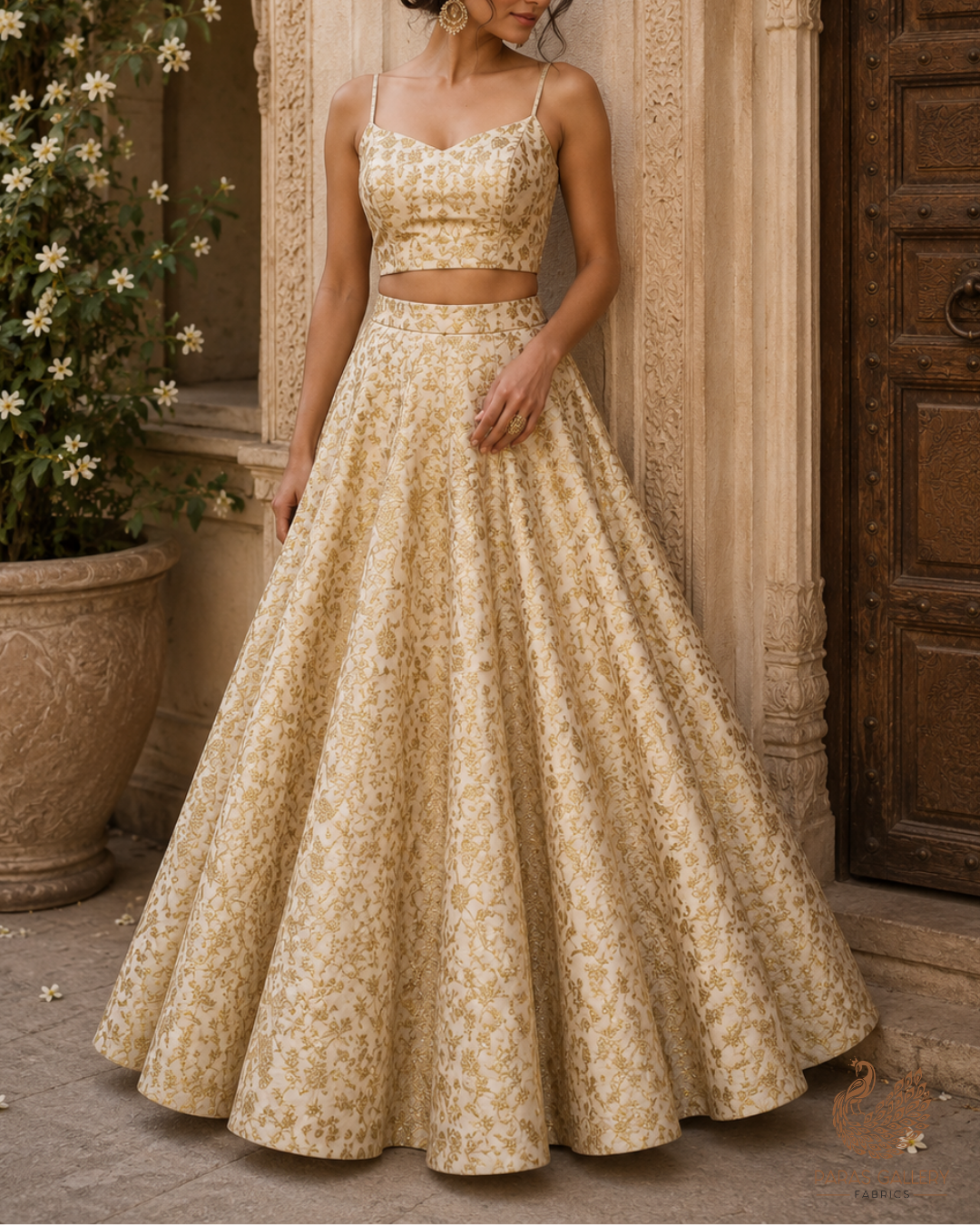 Beige Banarasi Brocade Fabric With All Over Golden Zari Handloom 23293