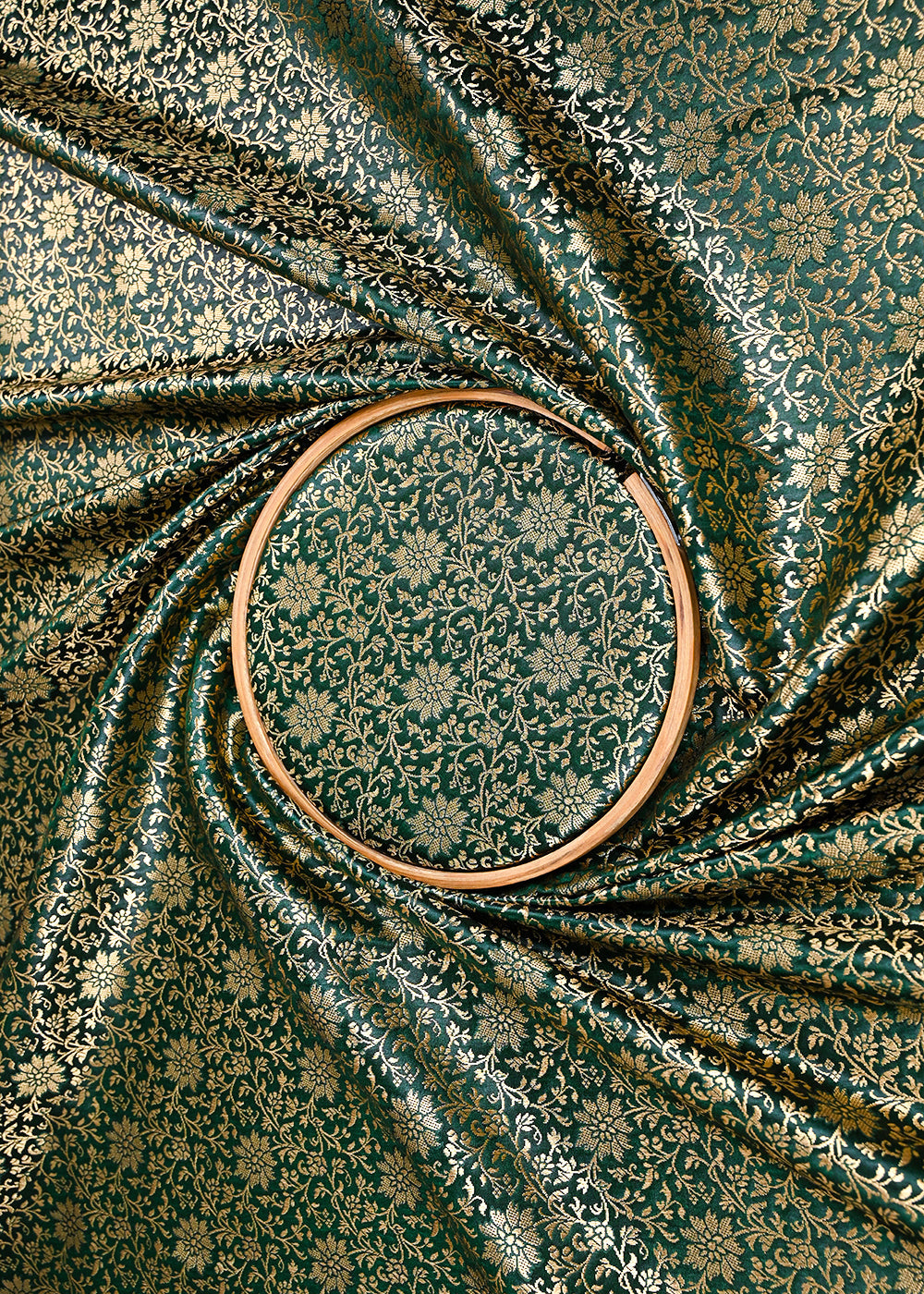 Bottle Green Banarasi Brocade Fabric With All Over Golden Zari Handloom 23294