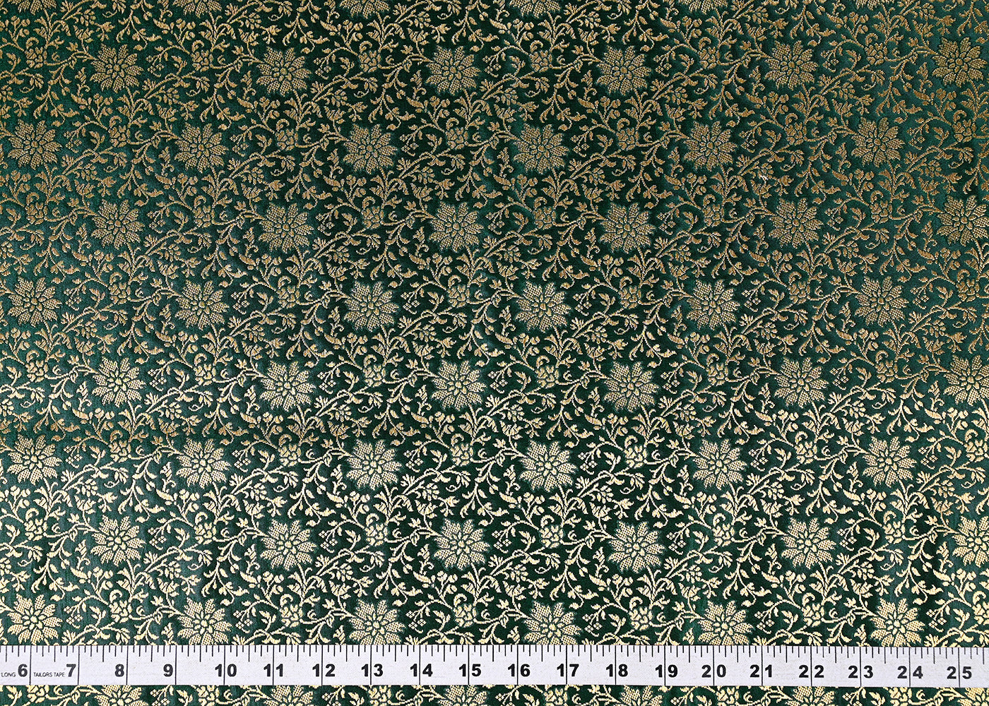 Bottle Green Banarasi Brocade Fabric With All Over Golden Zari Handloom 23294