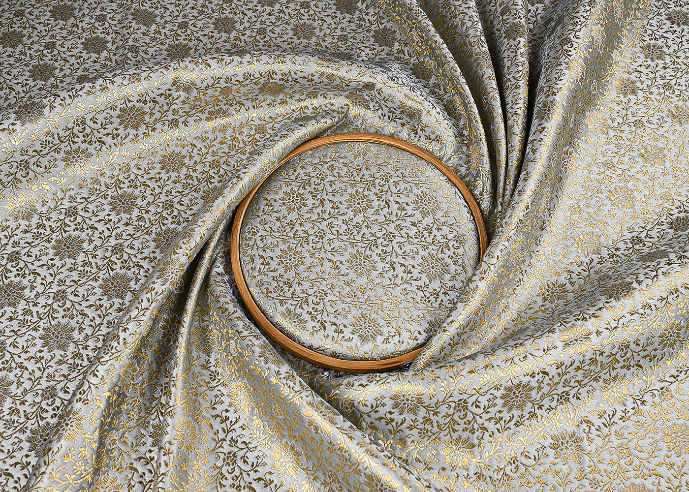 Grey Banarasi Brocade Fabric With All Over Golden Zari Handloom 23296