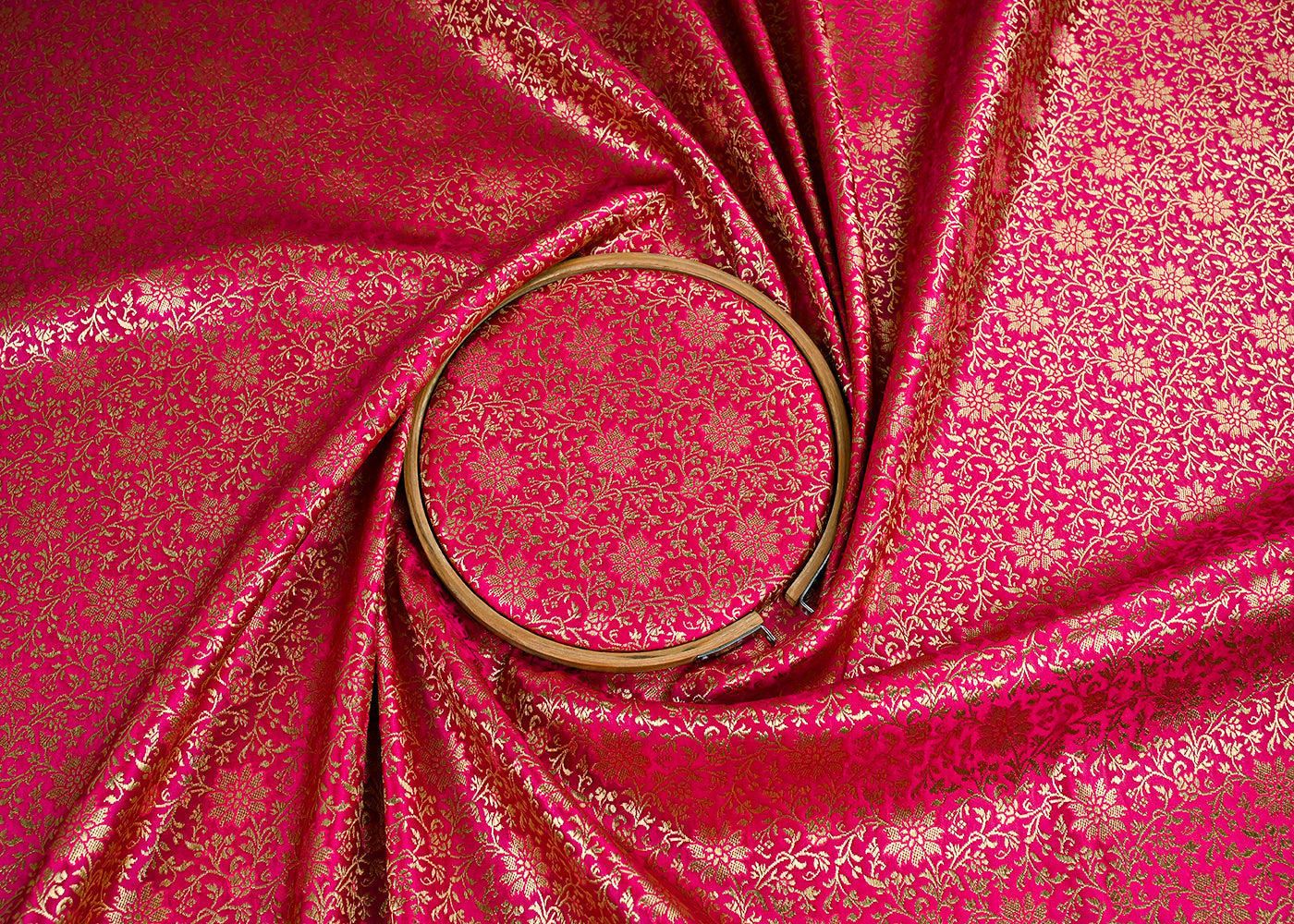 Rani Pink Banarasi Brocade Fabric With All Over Golden Zari Handloom 23297