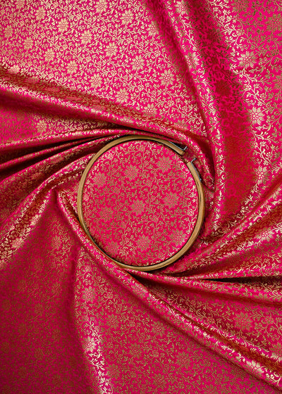 Rani Pink Banarasi Brocade Fabric With All Over Golden Zari Handloom 23297