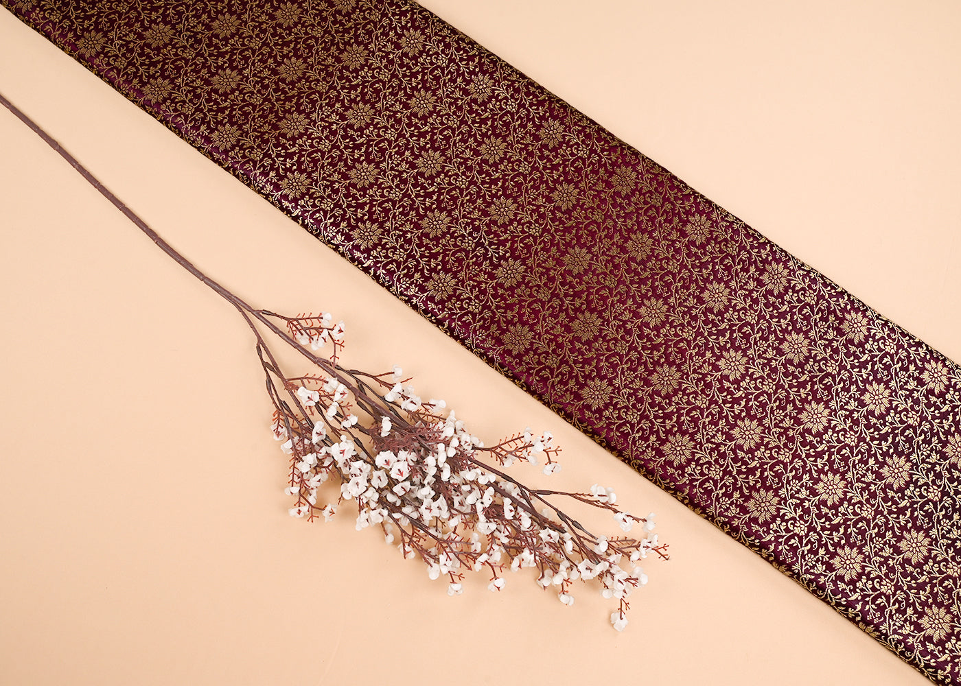 Wine Banarasi Brocade Fabric With All Over Golden Zari Handloom 23298