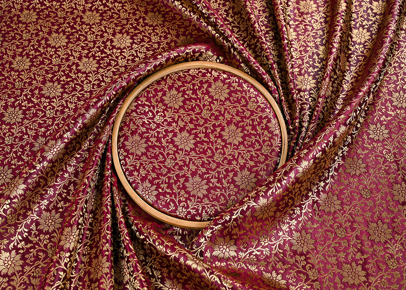 Wine Banarasi Brocade Fabric With All Over Golden Zari Handloom 23298