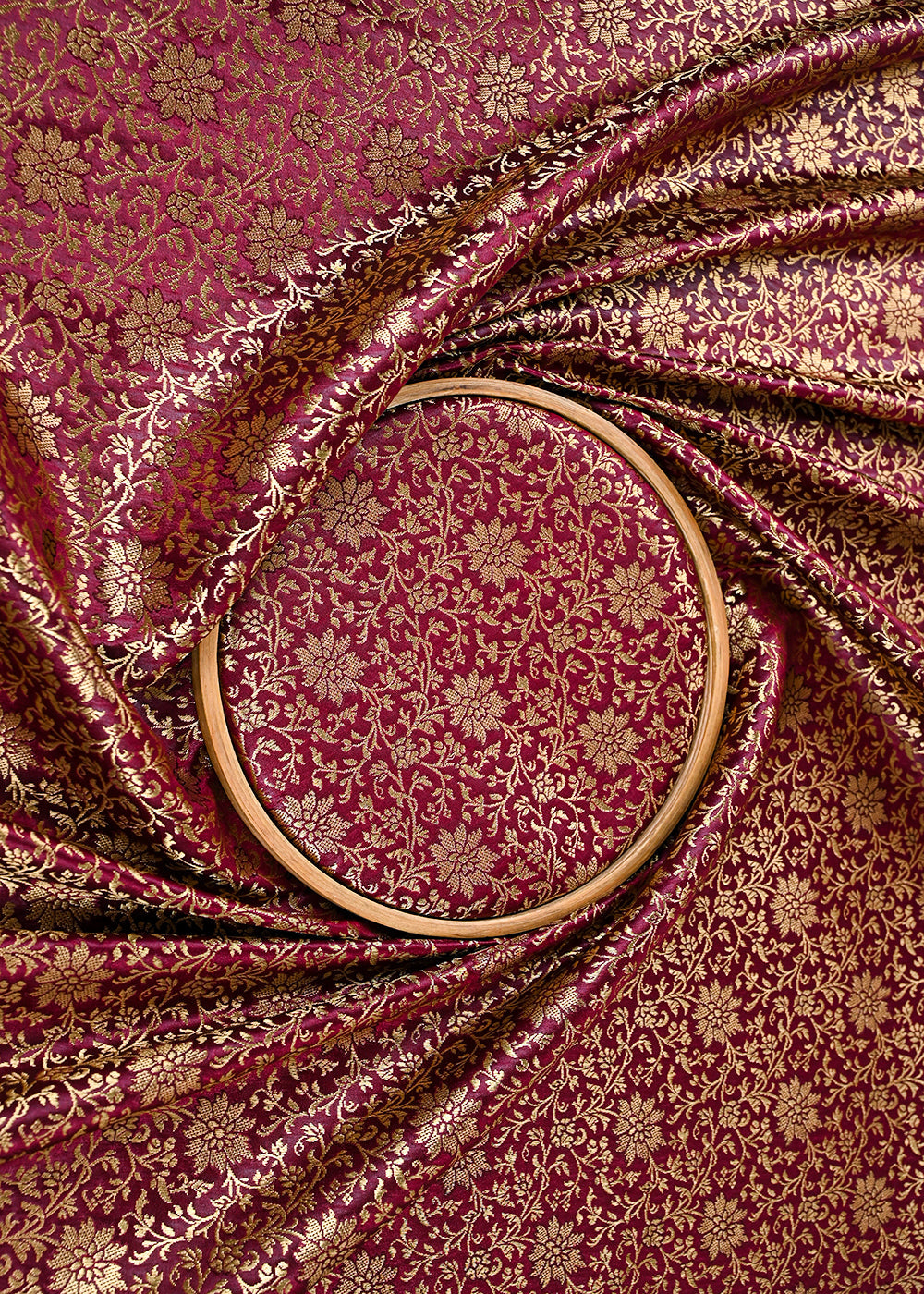 Wine Banarasi Brocade Fabric With All Over Golden Zari Handloom 23298