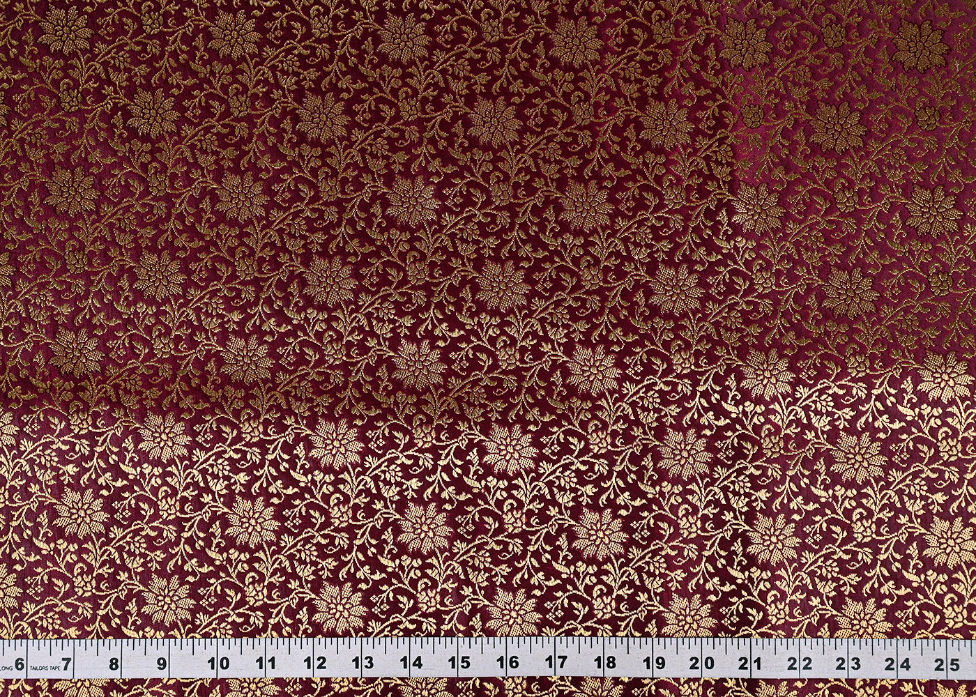 Wine Banarasi Brocade Fabric With All Over Golden Zari Handloom 23298