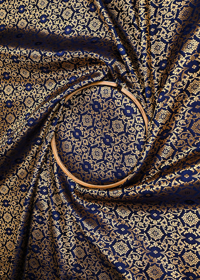 Navy Blue Banarasi Brocade Fabric With All Over Golden Zari Handloom 23299