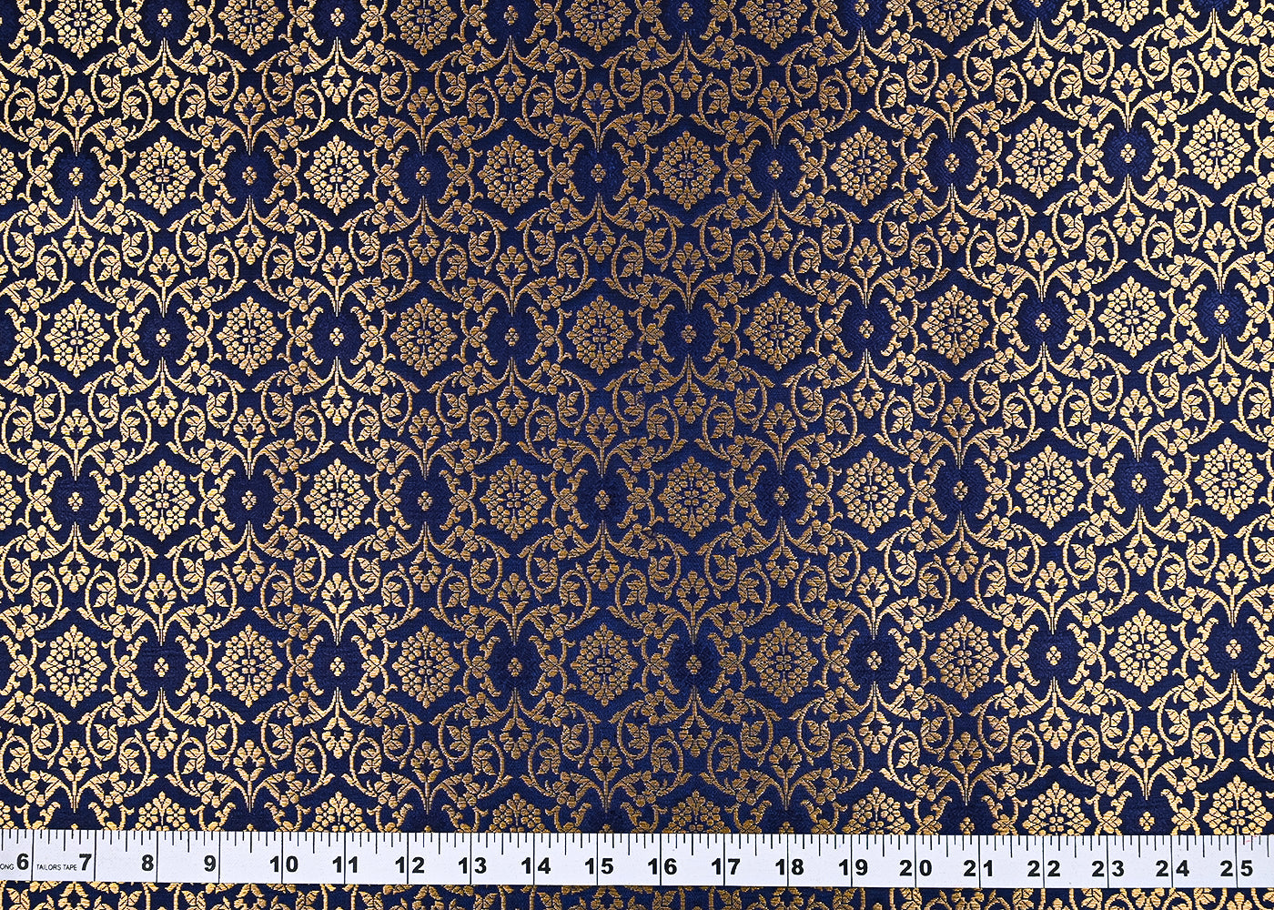 Navy Blue Banarasi Brocade Fabric With All Over Golden Zari Handloom 23299