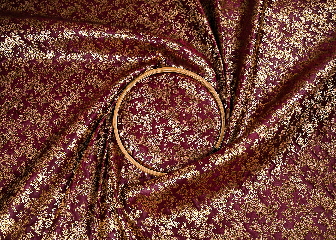 Wine Banarasi Brocade Fabric With All Over Golden Zari Handloom 23300