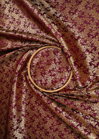 Wine Banarasi Brocade Fabric With All Over Golden Zari Handloom 23300