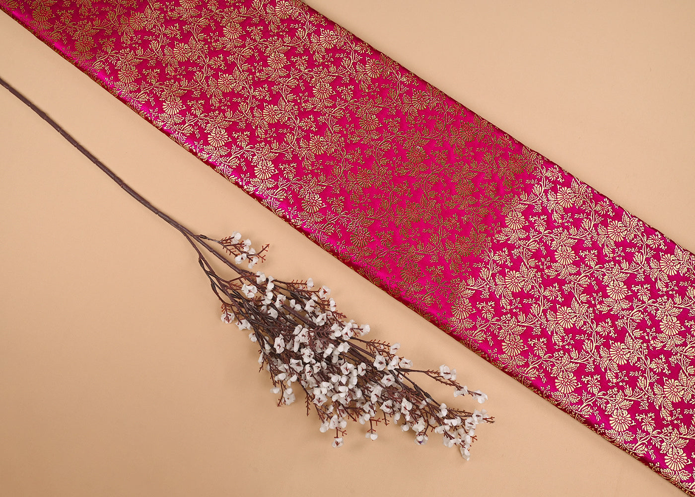 Rani Pink Banarasi Brocade Fabric With All Over Golden Zari Handloom 23301