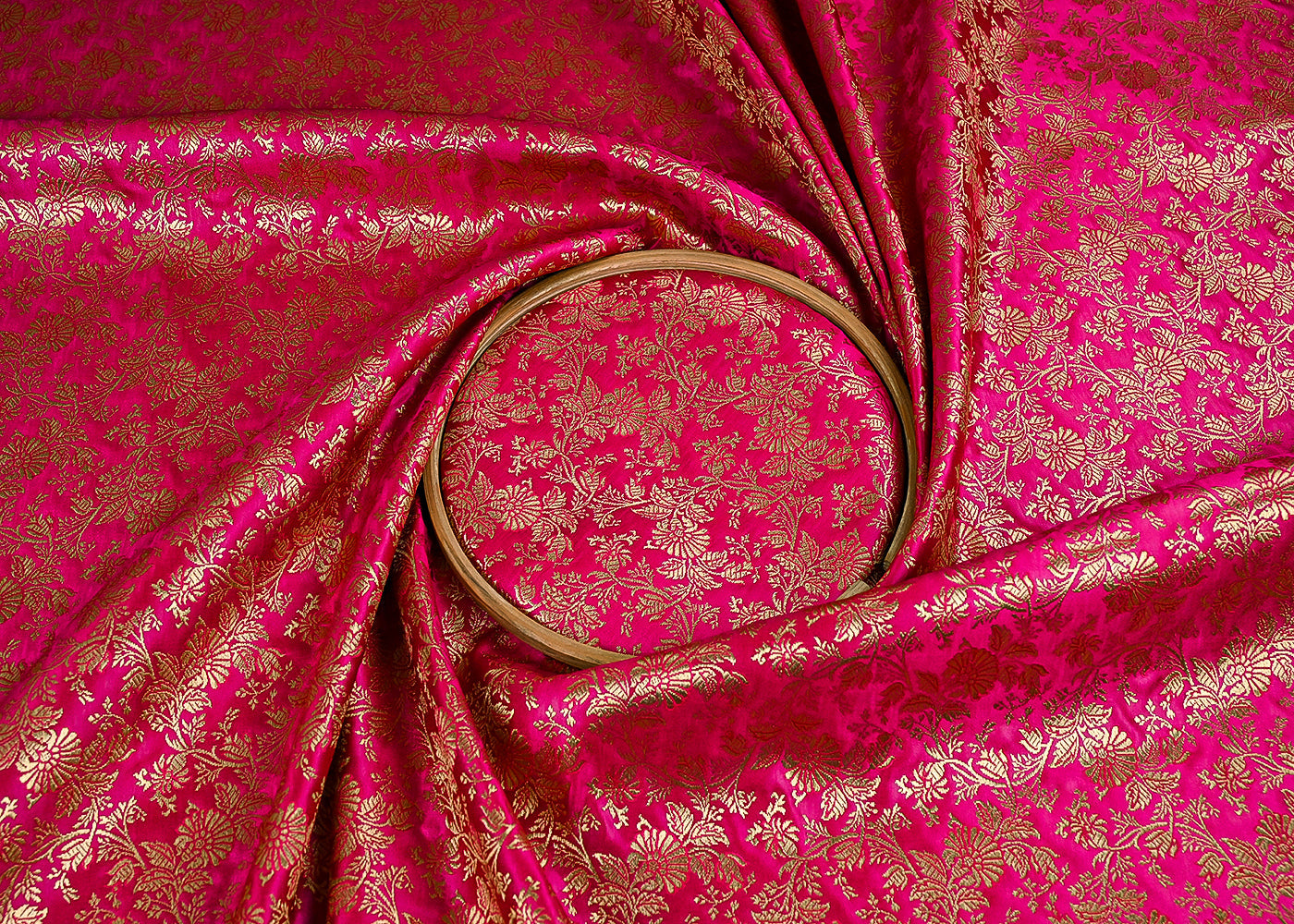 Rani Pink Banarasi Brocade Fabric With All Over Golden Zari Handloom 23301