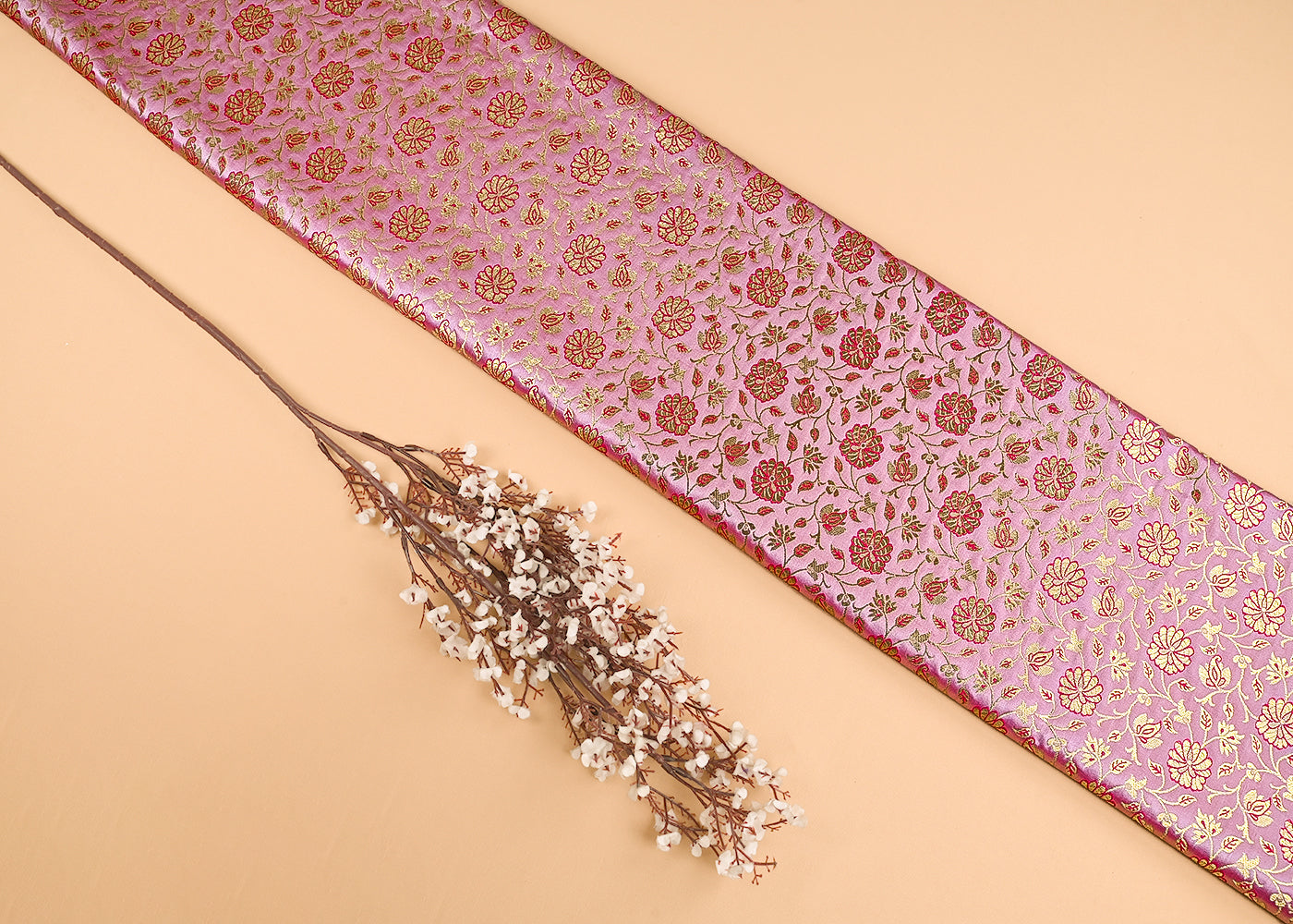 Light Pink Banarasi Brocade Fabric With All Over Golden Zari Handloom 23302