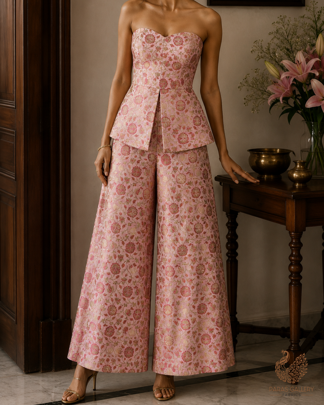 Light Pink Banarasi Brocade Fabric With All Over Golden Zari Handloom 23302