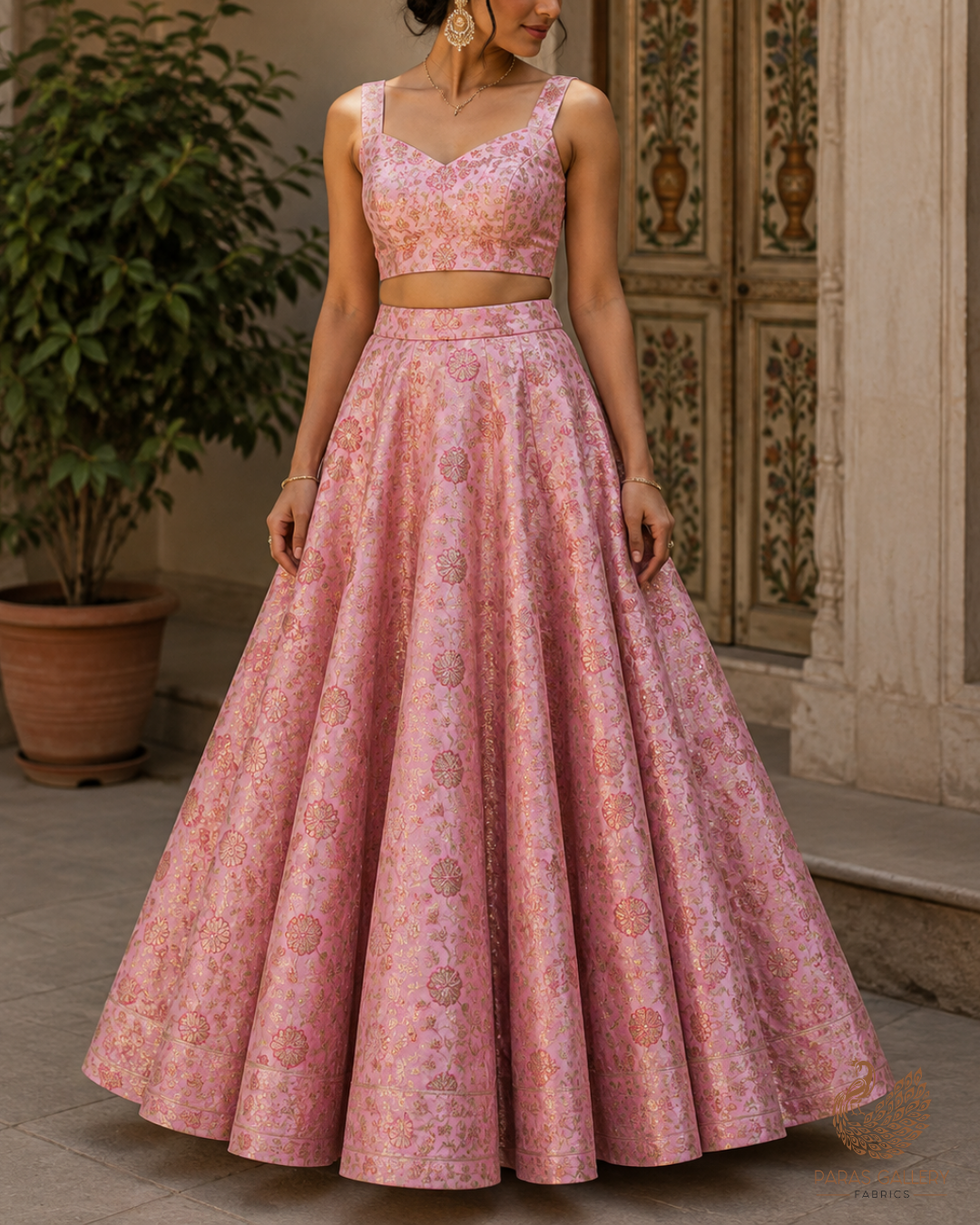 Light Pink Banarasi Brocade Fabric With All Over Golden Zari Handloom 23302