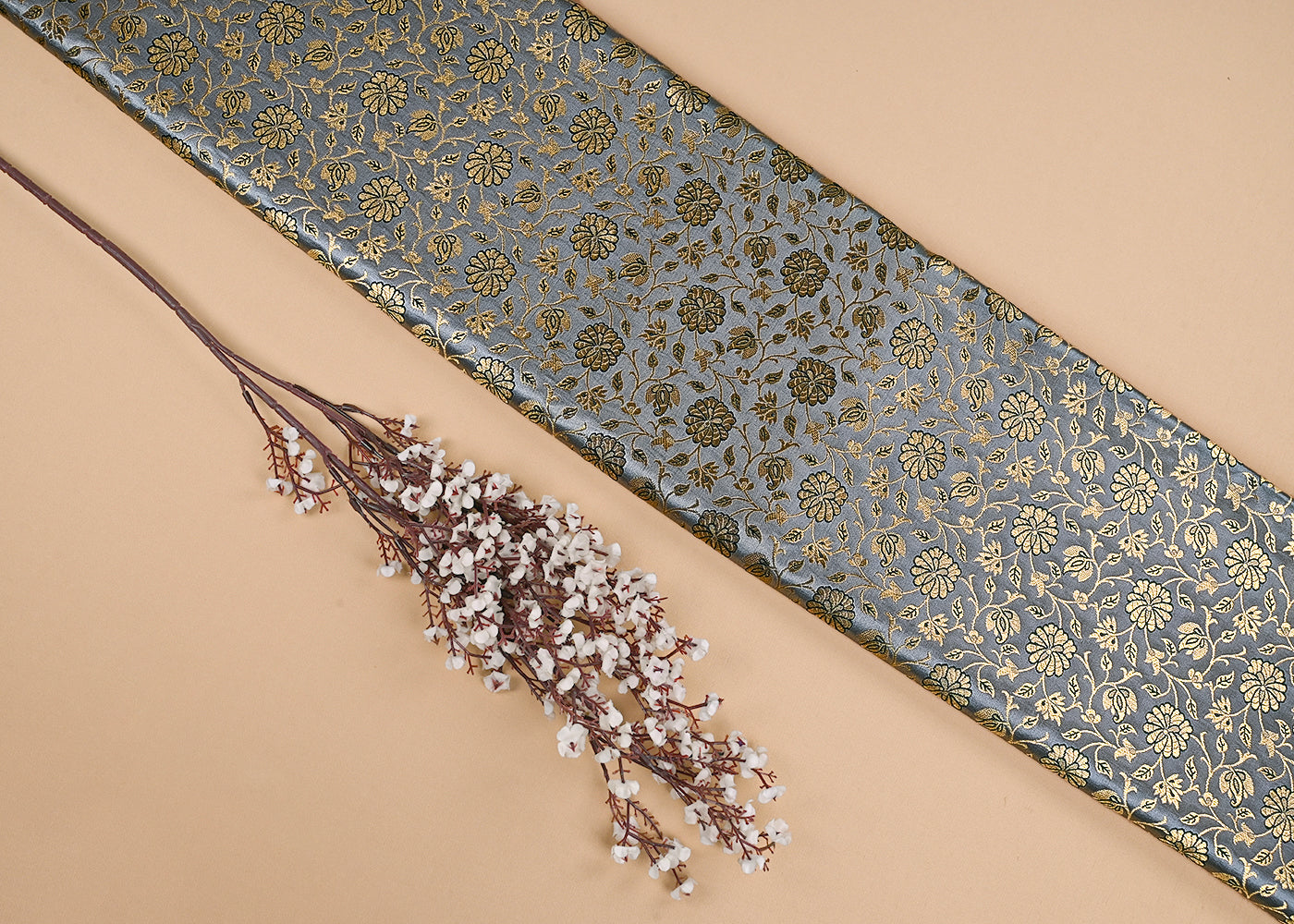 Mint Green Banarasi Brocade Fabric With All Over Golden Zari Handloom 23303