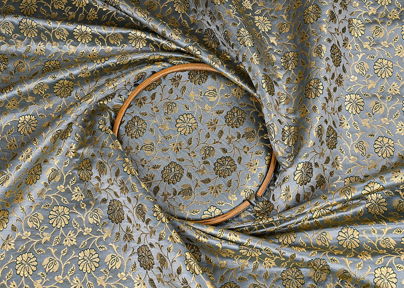 Mint Green Banarasi Brocade Fabric With All Over Golden Zari Handloom 23303