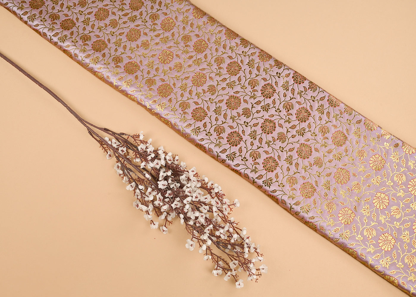 Peach Banarasi Brocade Fabric With All Over Golden Zari Handloom 23304