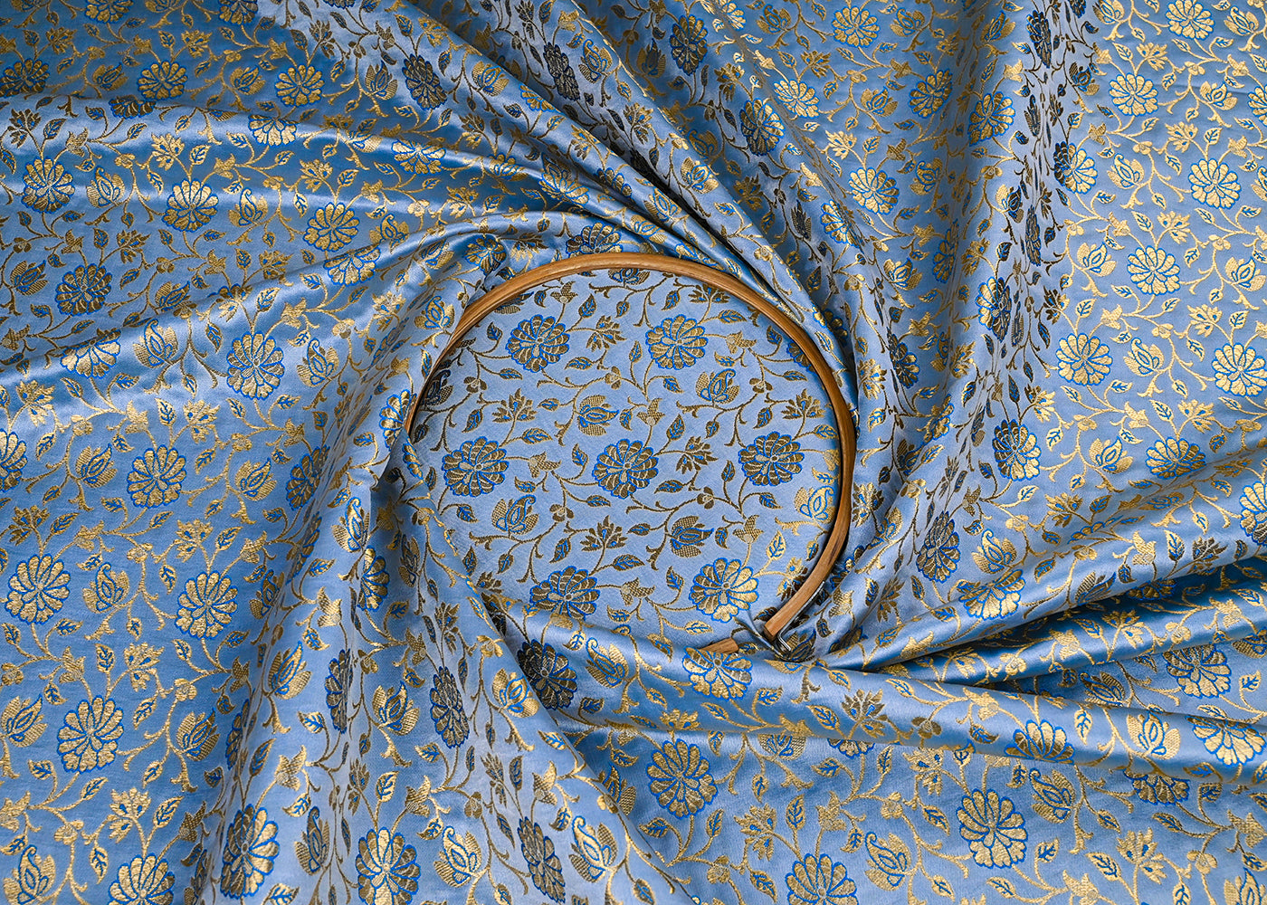 Powder Blue Banarasi Brocade Fabric With All Over Golden Zari Handloom 23305