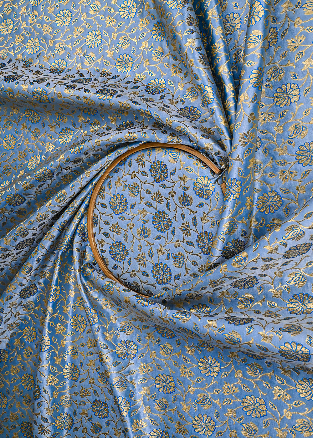 Powder Blue Banarasi Brocade Fabric With All Over Golden Zari Handloom 23305
