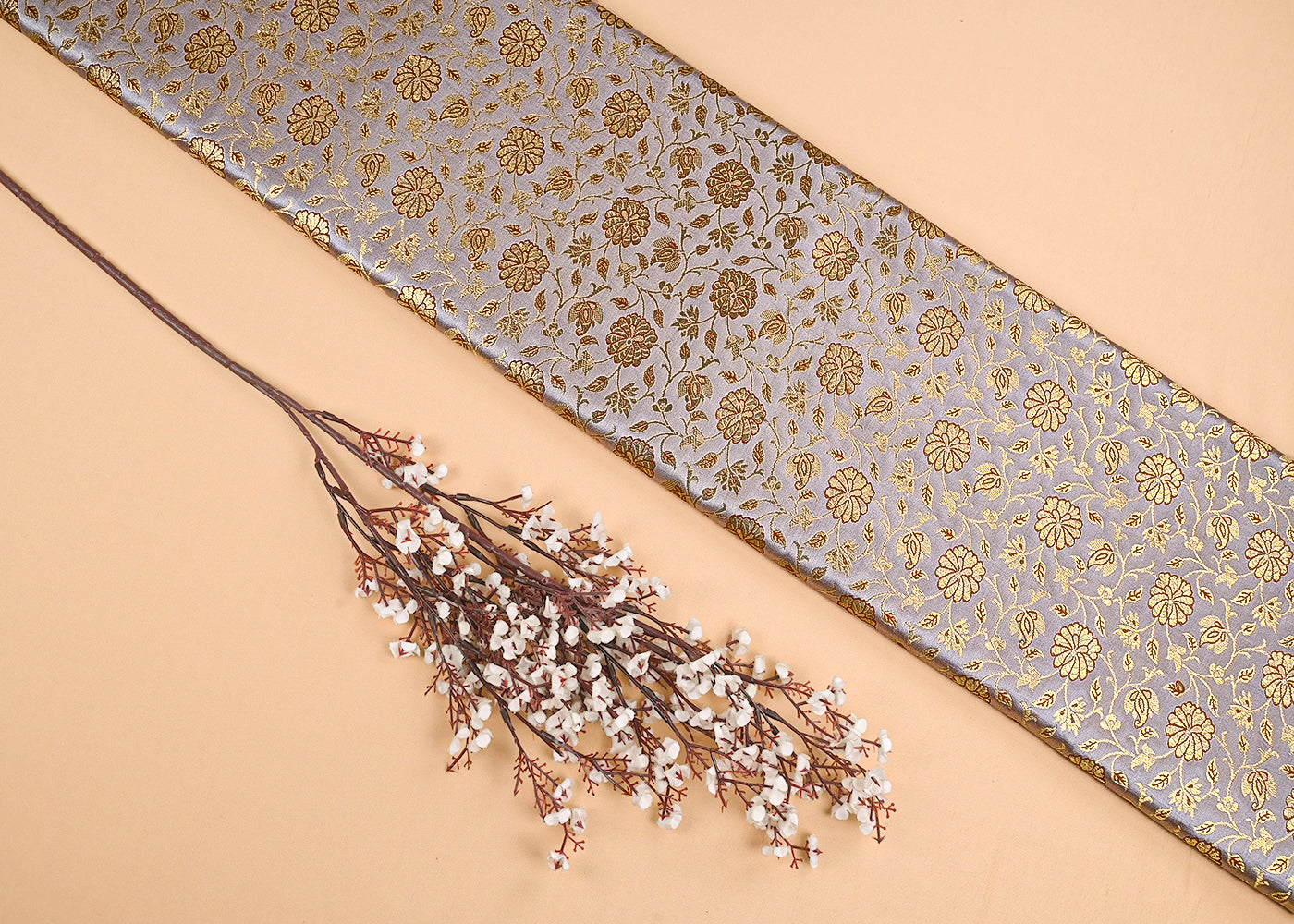 Beige Banarasi Brocade Fabric With All Over Golden Zari Handloom 23306