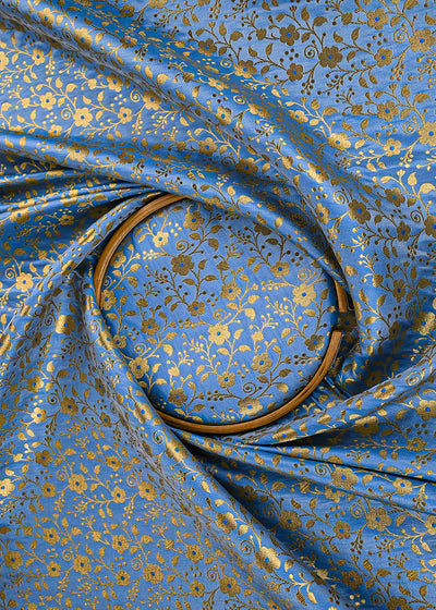 Blue Banarasi Brocade Fabric With All Over Golden Zari Handloom 23308