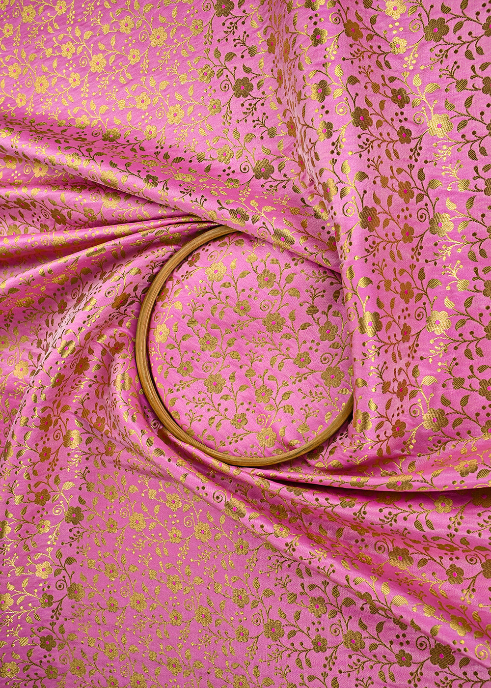 Pink Banarasi Brocade Fabric With All Over Golden Zari Handloom 23309