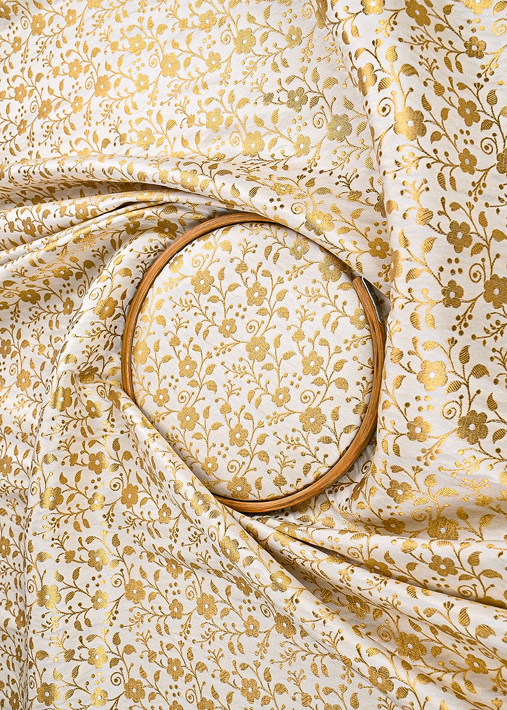 Ivory Banarasi Brocade Fabric With All Over Golden Zari Handloom 23310