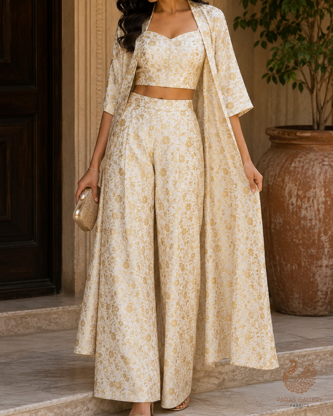 Ivory Banarasi Brocade Fabric With All Over Golden Zari Handloom 23310