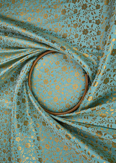Mint Green Banarasi Brocade Fabric With All Over Golden Zari Handloom 23312