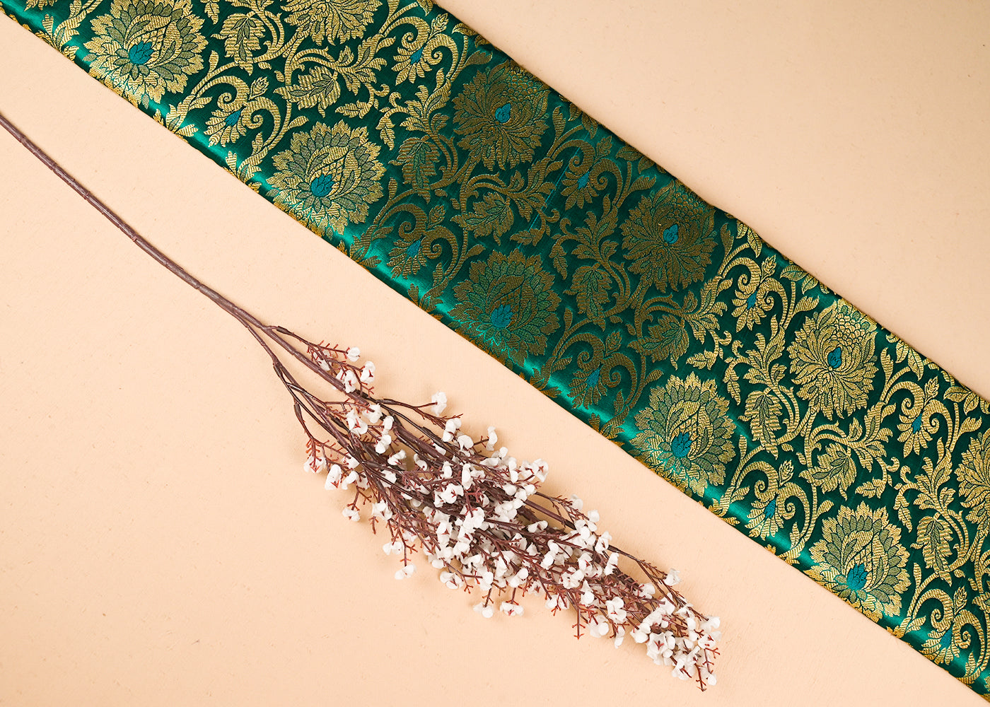 Green Banarasi Brocade Fabric With All Over Golden Zari Handloom 23313