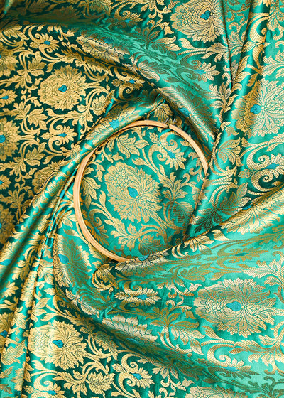 Green Banarasi Brocade Fabric With All Over Golden Zari Handloom 23313
