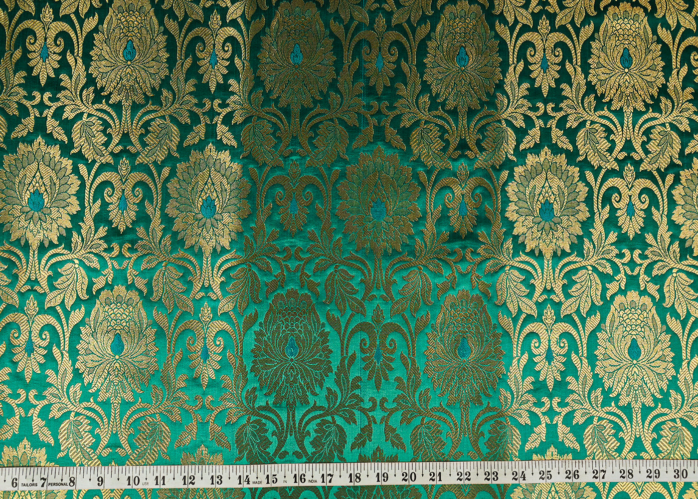 Green Banarasi Brocade Fabric With All Over Golden Zari Handloom 23313