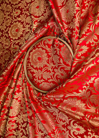 Red Banarasi Brocade Fabric With All Over Golden Zari Handloom 23315
