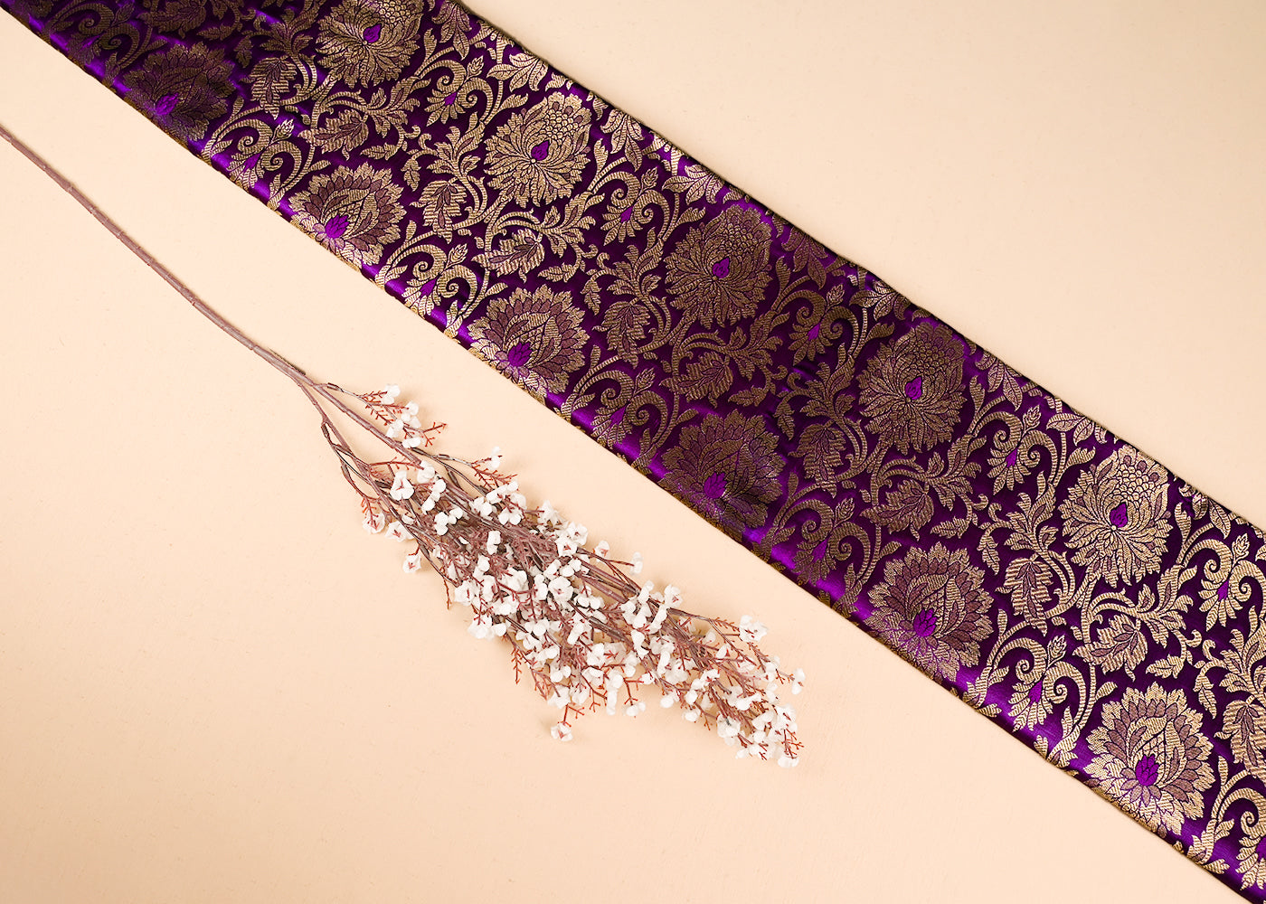 Purple Banarasi Brocade Fabric With All Over Golden Zari Handloom 23316