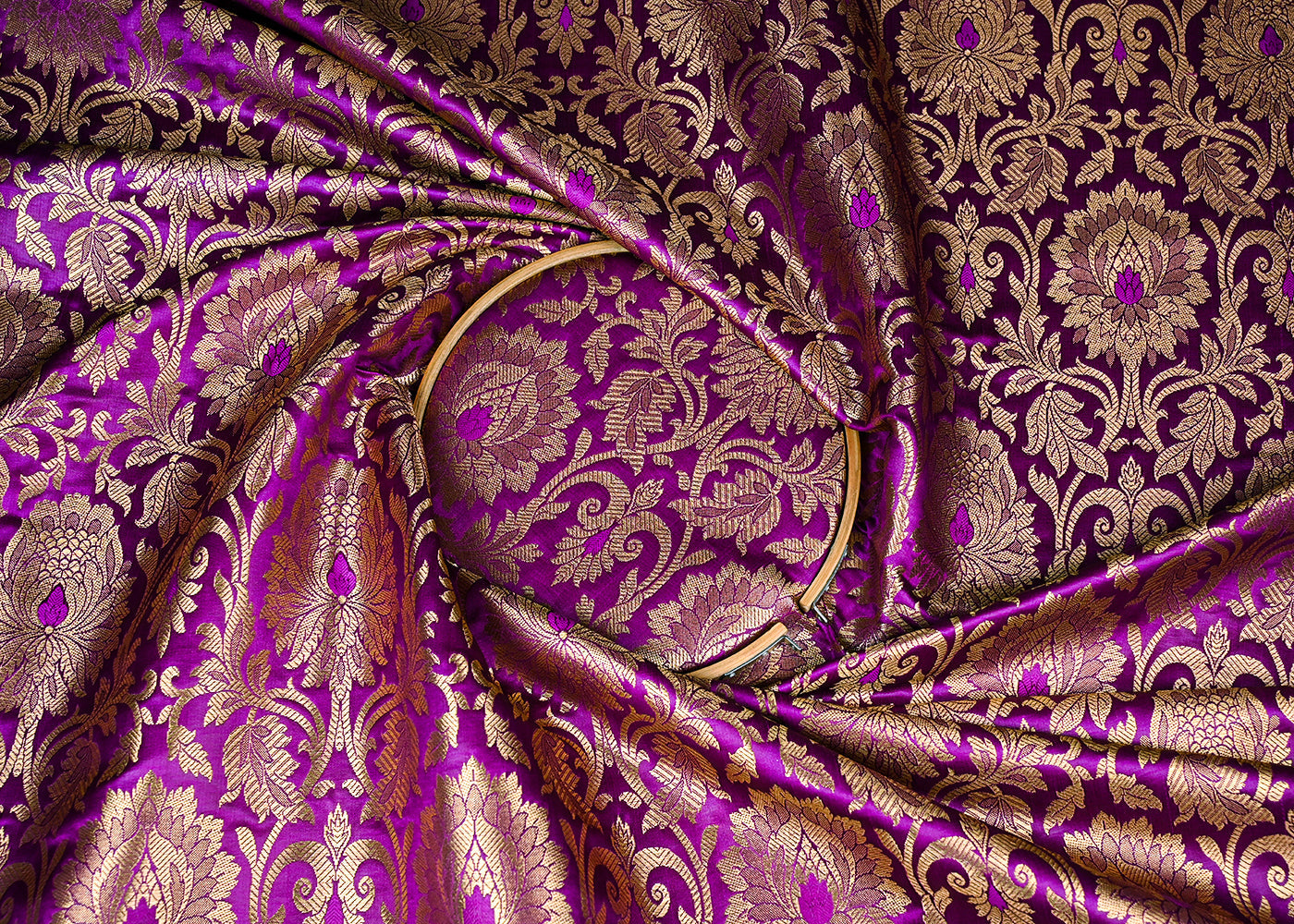 Purple Banarasi Brocade Fabric With All Over Golden Zari Handloom 23316