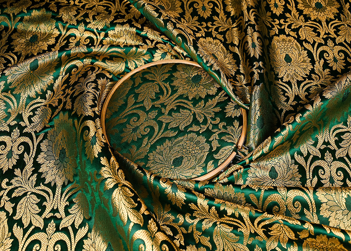 Bottle Green Banarasi Brocade Fabric With All Over Golden Zari Handloom 23317
