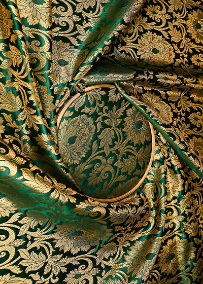 Bottle Green Banarasi Brocade Fabric With All Over Golden Zari Handloom 23317