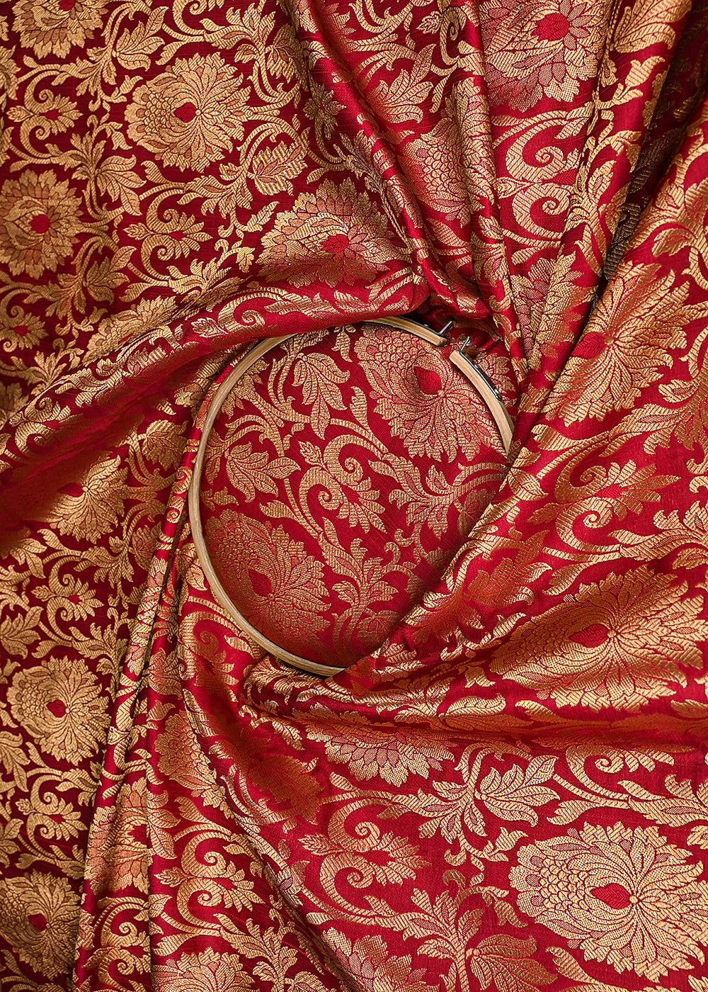 Maroon Banarasi Brocade Fabric With All Over Golden Zari Handloom 23318