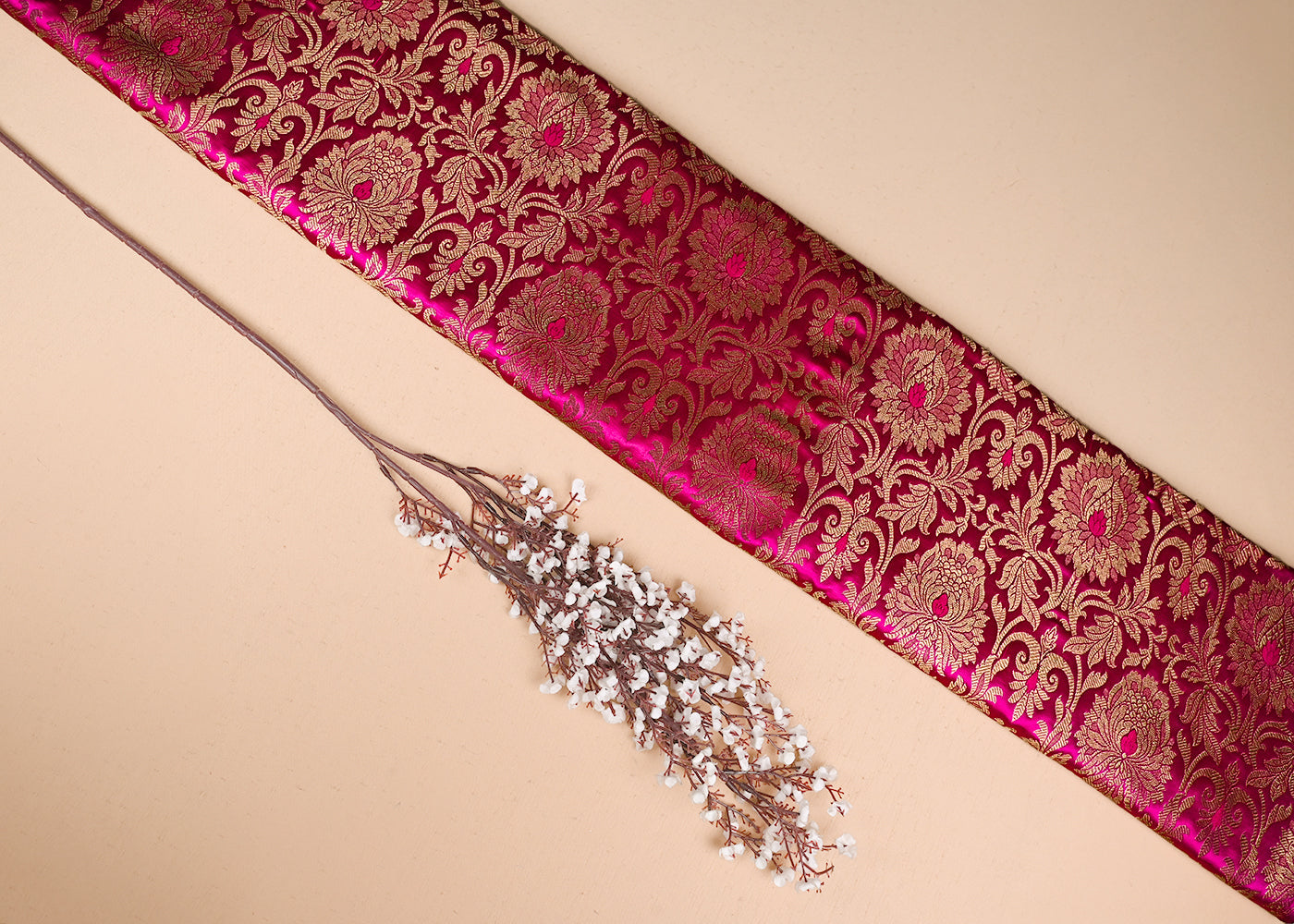 Pink Banarasi Brocade Fabric With All Over Golden Zari Handloom 23319