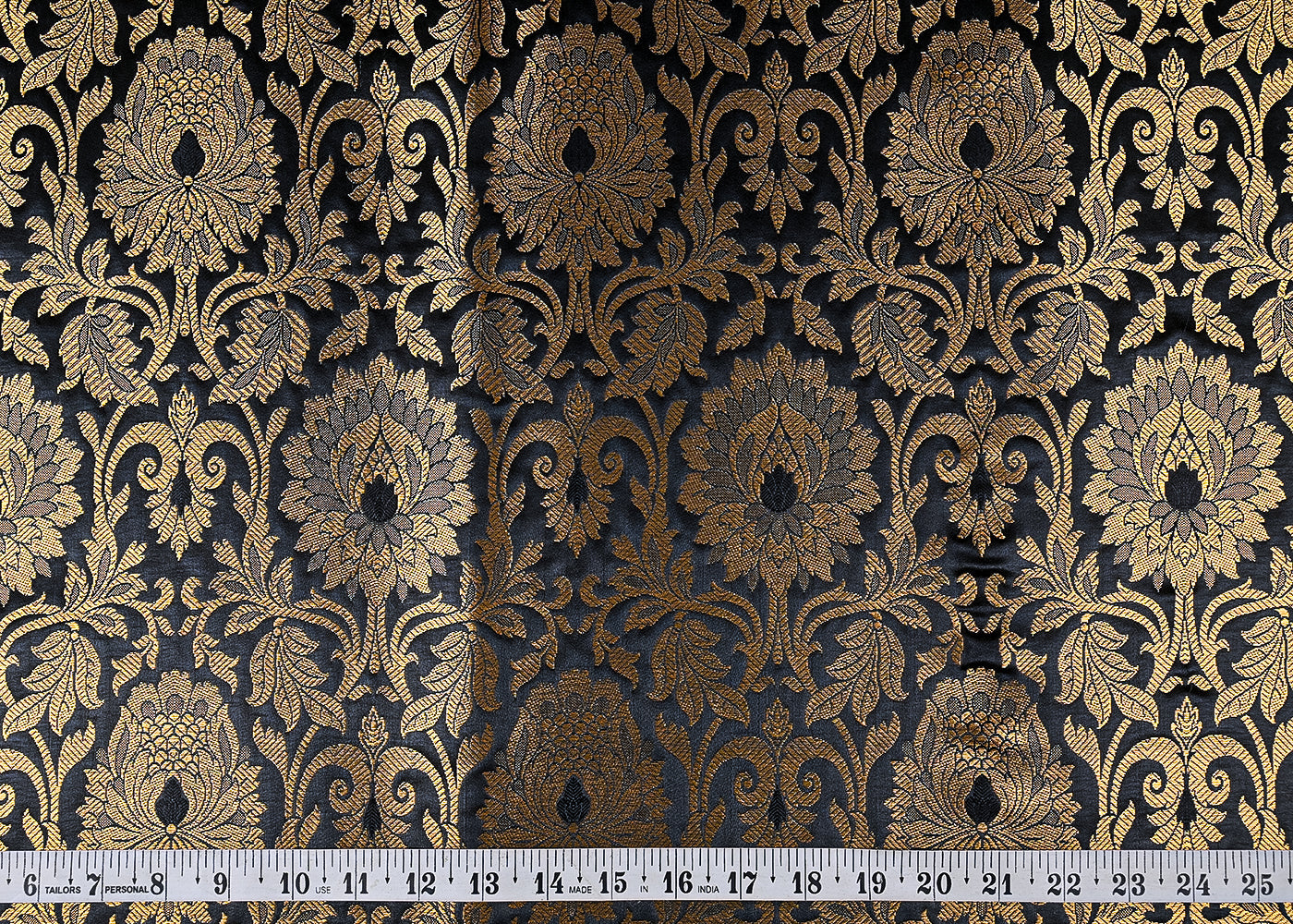Black Banarasi Brocade Fabric With All Over Golden Zari Handloom 23320