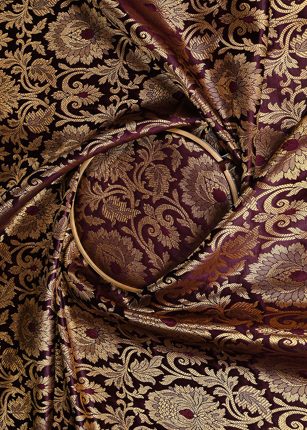Wine Banarasi Brocade Fabric With All Over Golden Zari Handloom 23321