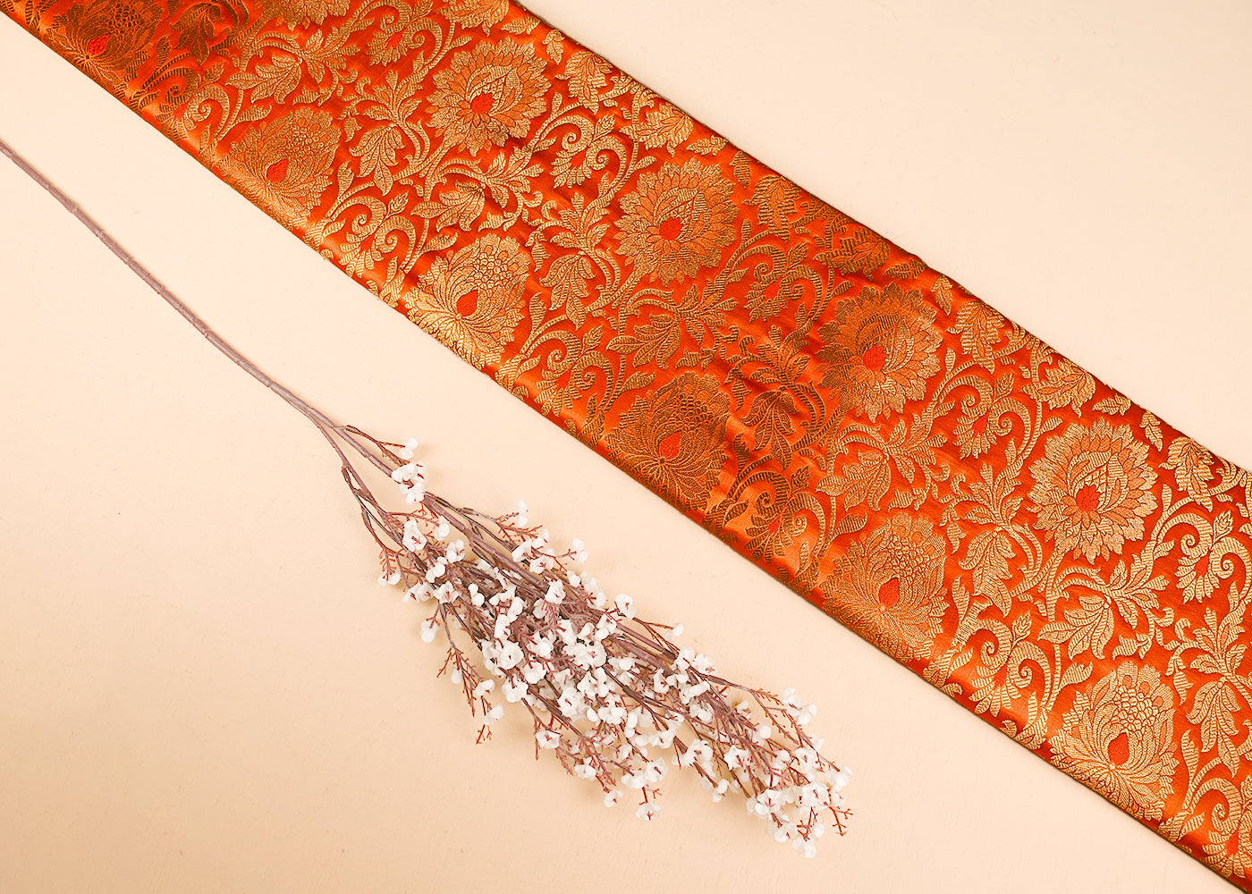 Orange Banarasi Brocade Fabric With All Over Golden Zari Handloom 23322