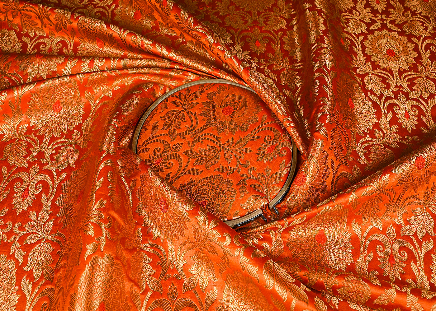 Orange Banarasi Brocade Fabric With All Over Golden Zari Handloom 23322