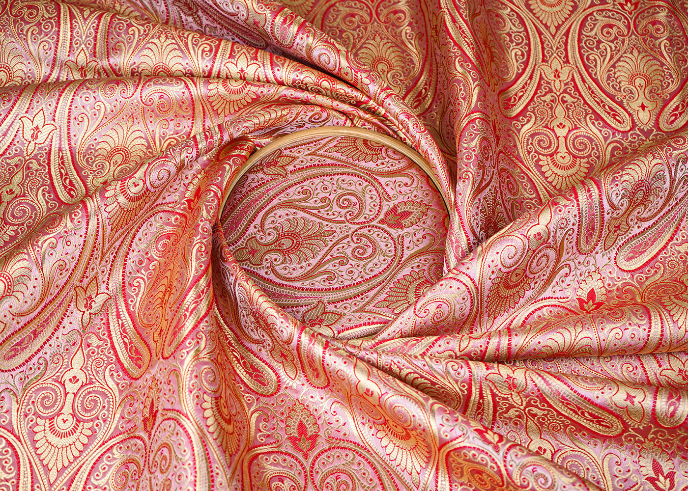 Gajri Pink Banarasi Brocade Fabric With All Over Golden Zari Handloom 23324