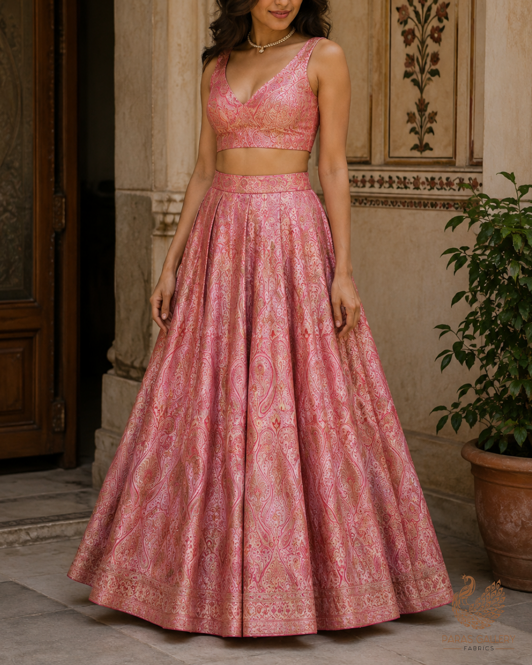 Gajri Pink Banarasi Brocade Fabric With All Over Golden Zari Handloom 23324
