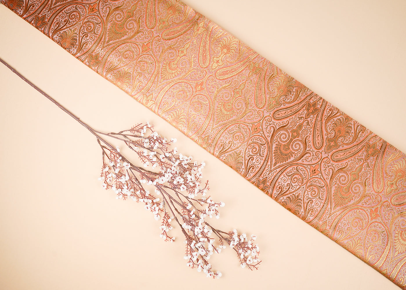 Peach Banarasi Brocade Fabric With All Over Golden Zari Handloom 23325