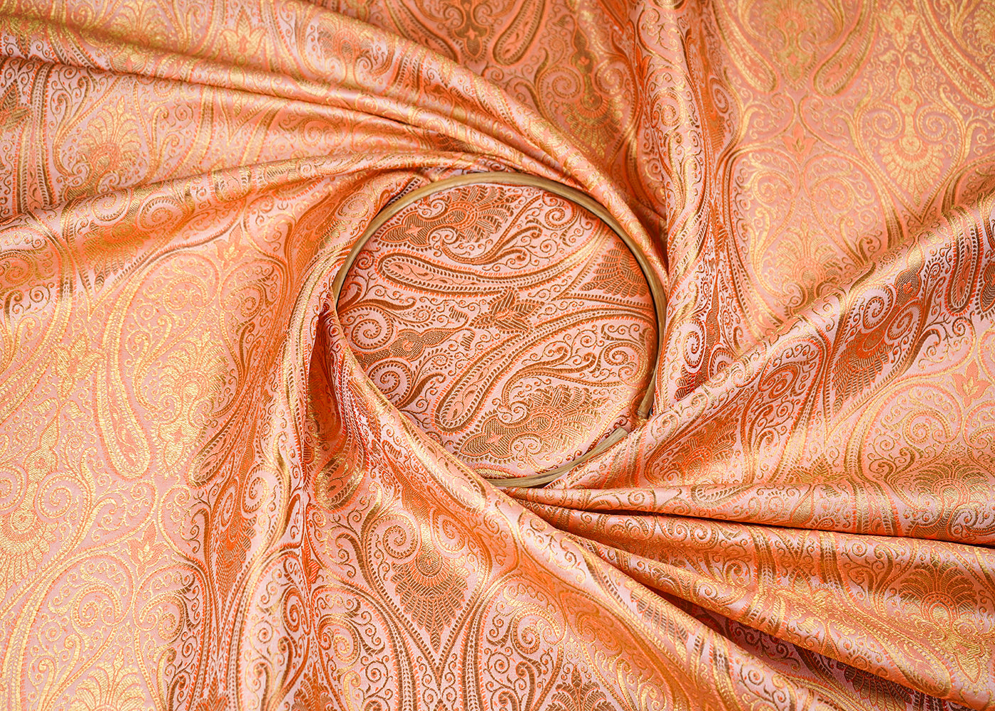 Peach Banarasi Brocade Fabric With All Over Golden Zari Handloom 23325